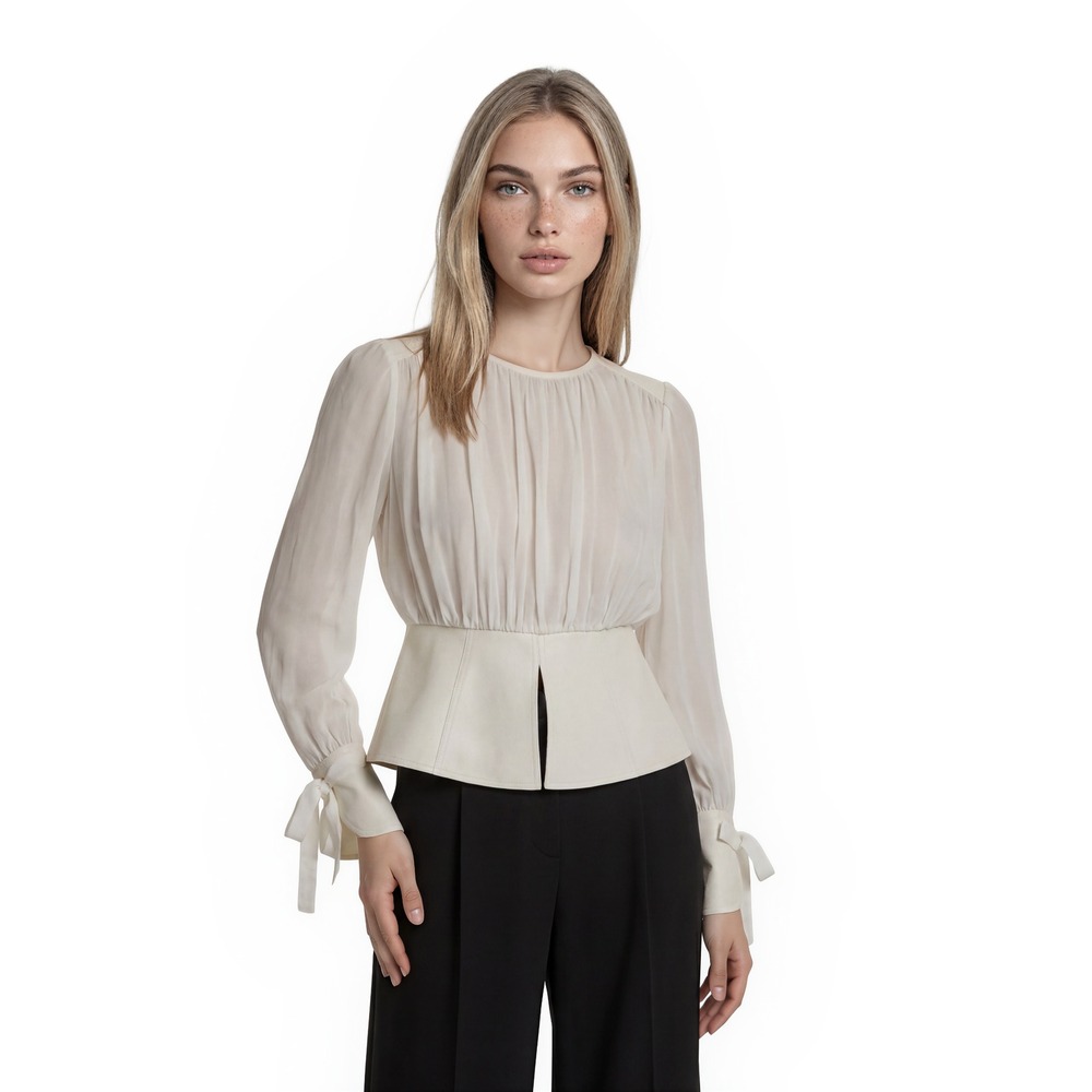 Gracia‎ Peplum Blouse Women's Size Medium White Chiffon Faux Leather Tie Cuff